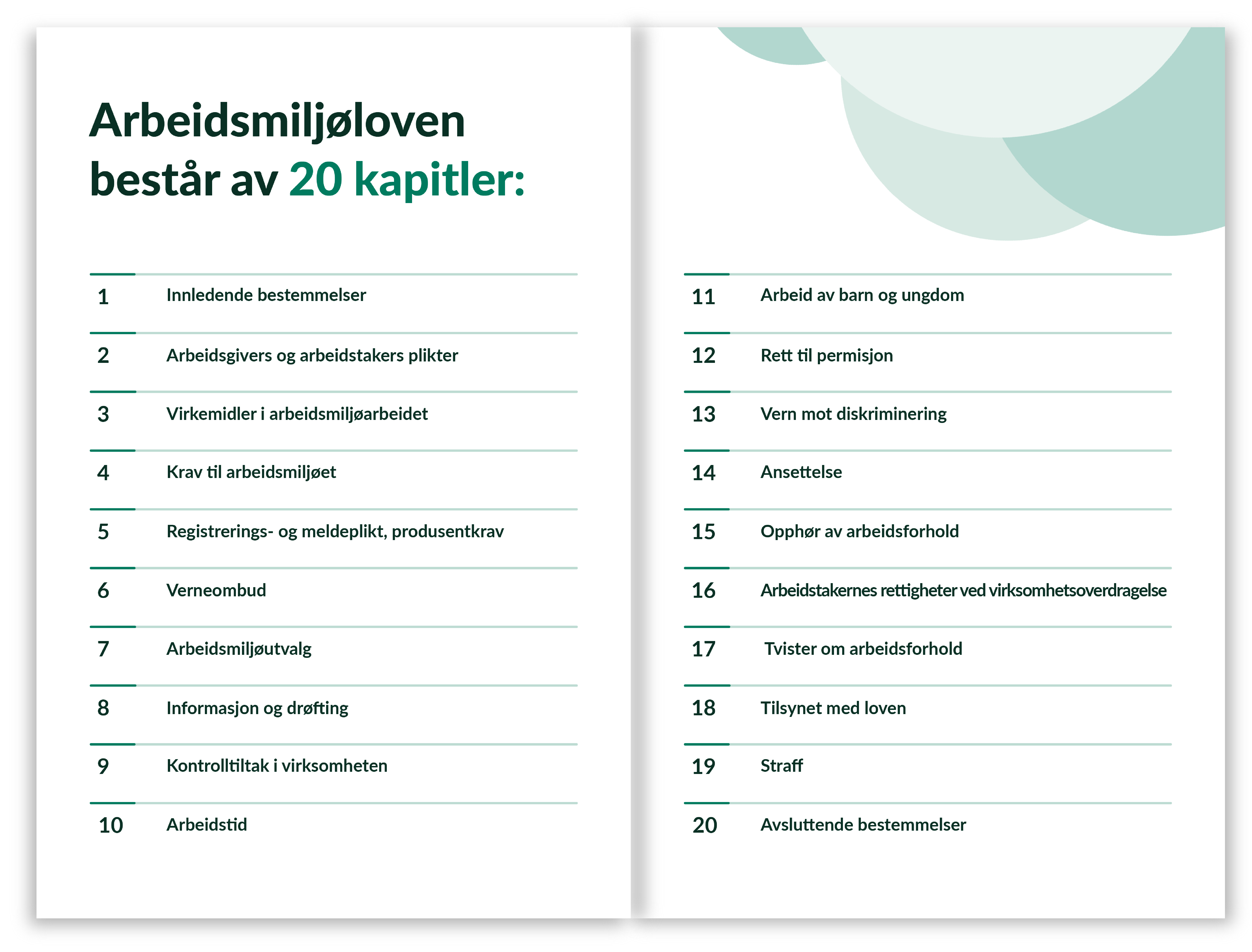 Arbeidsmiljølovens 20 kapitler.