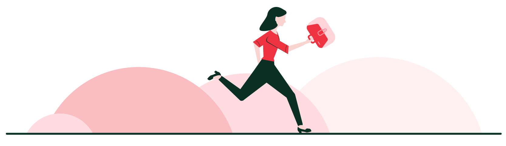 Illustrasjon av en dame som løper med stresskoffert i hånden.
